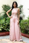 Buy_MEHAK SHARMA_Pink Crepe Silk Embroidery Floral Round Neck Resham Jumpsuit_at_Aza_Fashions