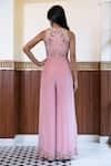 Shop_MEHAK SHARMA_Pink Crepe Silk Embroidery Floral Round Neck Resham Jumpsuit_at_Aza_Fashions