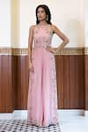 MEHAK SHARMA_Pink Crepe Silk Embroidery Floral Round Neck Resham Jumpsuit _Online_at_Aza_Fashions