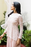 MEHAK SHARMA_Pink Crepe Silk Embroidery Moti High Round Neck Floral Kurta Sharara Set _Online_at_Aza_Fashions