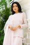 MEHAK SHARMA_Pink Crepe Silk Embroidery Moti High Round Neck Floral Kurta Sharara Set_at_Aza_Fashions