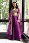 Buy_MEHAK SHARMA_Purple Organza Embroidery Floral Blouse Sweetheart Placement Cape Sharara Set_at_Aza_Fashions