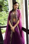 MEHAK SHARMA_Purple Organza Embroidery Floral Blouse Sweetheart Placement Cape Sharara Set_Online_at_Aza_Fashions