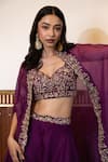 Buy_MEHAK SHARMA_Purple Organza Embroidery Floral Blouse Sweetheart Placement Cape Sharara Set_Online_at_Aza_Fashions
