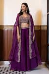 MEHAK SHARMA_Purple Organza Embroidery Floral Blouse Sweetheart Placement Cape Sharara Set_at_Aza_Fashions