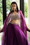 Buy_MEHAK SHARMA_Purple Organza Embroidery Floral Blouse Sweetheart Placement Cape Sharara Set