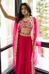 MEHAK SHARMA_Pink Georgette Embroidery Floral Blouse Placement Hand Cape Skirt Set_at_Aza_Fashions
