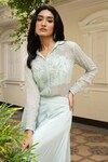 MEHAK SHARMA_Blue Crepe Silk Embroidery Floral Collared Neck Shirt Pant Set _Online_at_Aza_Fashions