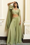 Buy_MEHAK SHARMA_Green Georgette Embroidery Cutdana Blouse Scoop Tonal Border Cape Sharara Set_at_Aza_Fashions