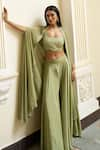 MEHAK SHARMA_Green Georgette Embroidery Cutdana Blouse Scoop Tonal Border Cape Sharara Set_at_Aza_Fashions