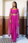 Shop_MEHAK SHARMA_Pink Georgette Embellished Crystal Cape Open Draped Skirt Set_Online_at_Aza_Fashions
