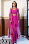 MEHAK SHARMA_Pink Georgette Embellished Crystal Cape Open Draped Skirt Set_at_Aza_Fashions