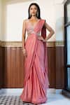 Shop_MEHAK SHARMA_Pink Satin Embellished Crystal Pre Draped Saree With Floral Cutdana Blouse_Online_at_Aza_Fashions