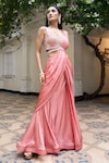 Shop_MEHAK SHARMA_Pink Satin Embellished Crystal Pre Draped Saree With Floral Cutdana Blouse