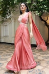 MEHAK SHARMA_Pink Satin Embellished Crystal Pre Draped Saree With Floral Cutdana Blouse_Online