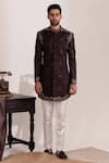 Buy_Tira by Naresh Raj_Brown Moss Crepe Embroidered Thread Sherwani And Pant Set _at_Aza_Fashions