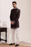 Tira by Naresh Raj_Brown Moss Crepe Embroidered Thread Sherwani And Pant Set _Online