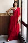 MEHAK SHARMA_Red Net Embellished Pearl Solid Pre Draped Ruffle Saree With Embroidered Blouse _at_Aza_Fashions