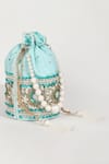 Shop_The Tan Clan_Blue Embroidery, Beads Ama Pearl Handle Potli Bag _Online_at_Aza_Fashions