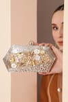 Shop_The Tan Clan_Silver Sequins, Beads, Cut Work Fatima Floral Embellished Clutch _at_Aza_Fashions