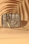 Shop_The Tan Clan_Silver Embellished Reema Floral Ornamented Clutch _Online_at_Aza_Fashions