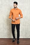 Buy_Arihant Rai Sinha_Orange Linen Yarn Dyed Button Down Shirt_at_Aza_Fashions