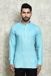 Arihant Rai Sinha_Blue Linen Dyed Yarn Short Kurta _Online_at_Aza_Fashions