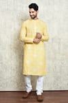Buy_Arihant Rai Sinha_Yellow Linen Embroidery Mughal Print Kurta_at_Aza_Fashions