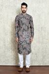 Arihant Rai Sinha_Green Linen Embroidery Floral Digital Print Kurta _Online_at_Aza_Fashions