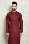 Buy_Arihant Rai Sinha_Maroon Linen Yarn Dyed Long Kurta _Online_at_Aza_Fashions