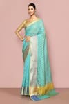 Buy_Nazaakat by Samara Singh_Blue Saree Chanderi Silk Woven Geometric Paisley Border With Running Blouse_at_Aza_Fashions