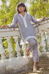 Shop_BO Tree_Grey Cotton Lace, Embroidery V-neck Ocean Breeze Floral Kurta With Pant _Online_at_Aza_Fashions