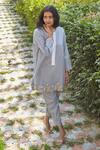 Buy_BO Tree_Gray Cotton Embroidery Split V-neck Floral Applique Grey Kurta Set _at_Aza_Fashions