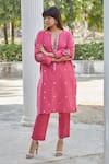 Buy_BO Tree_Pink Cotton Embroidery Split V-neck Candy Floral Bouquet Kurta With Pant _at_Aza_Fashions