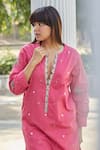 Shop_BO Tree_Pink Cotton Embroidery Split V-neck Candy Floral Bouquet Kurta With Pant _at_Aza_Fashions