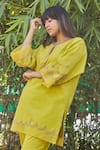 BO Tree_Yellow Cotton Embroidery Split Walk In Sunlight Floral Vine Kurta With Pant _Online_at_Aza_Fashions