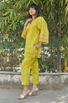 Shop_BO Tree_Yellow Cotton Embroidery Split Walk In Sunlight Floral Vine Kurta With Pant _Online_at_Aza_Fashions