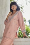 Shop_BO Tree_Pink Cotton Embroidery V-neck Back To My Home Kurta With Salwar _at_Aza_Fashions