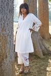 Buy_BO Tree_White Cotton Embroidery V-neck Morning Is Here A-line Kurta With Salwar _at_Aza_Fashions