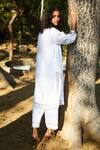 Shop_BO Tree_White Cotton Embroidery, Lace Split Follow Your Heart Organic Kurta With Salwar _at_Aza_Fashions
