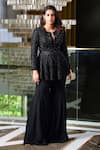 Buy_Rashika Sharma_Black Tunic Net Hand Embroidery Beads Notched Neck Tahira With Sharara _Online_at_Aza_Fashions