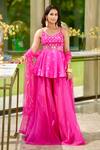 Buy_Rashika Sharma_Pink Kurta Nyasa Silk Hand Embroidery Beads Tear Drop Raya Tunic Gharara Set 