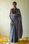 Buy_Five Point Five_Grey Tussar Zeenat Striped Bloom Motif Saree With Running Blouse _at_Aza_Fashions