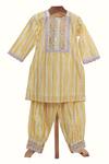 Buy_Minime Organics_Yellow Cotton Lace, Cut Work, Embroidery Stripe Print Kurta And Harem Pant Set _at_Aza_Fashions