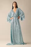 Buy_Deme X Kalki_Blue Net Embroidered Sequins Deep V Neck Ida Kaftan With Belt _at_Aza_Fashions