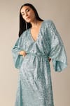 Deme X Kalki_Blue Net Embroidered Sequins Deep V Neck Ida Kaftan With Belt _Online_at_Aza_Fashions