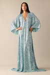 Buy_Deme X Kalki_Blue Net Embroidered Sequins Deep V Neck Ida Kaftan With Belt _Online_at_Aza_Fashions