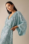 Deme X Kalki_Blue Net Embroidered Sequins Deep V Neck Ida Kaftan With Belt _at_Aza_Fashions