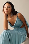 Buy_Deme X Kalki_Blue Lycra Solid Cowl Neck Ani Top And Gathered Skirt Set 