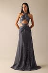 Buy_Deme X Kalki_Grey Shimmer Net Solid Halter Karlie Draped Gown _at_Aza_Fashions